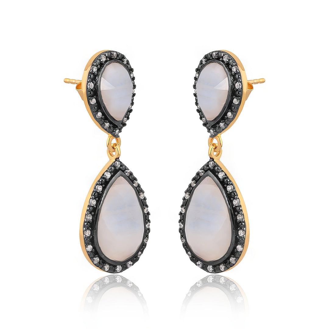Rainbow Moonstone & Black Rhodium Sterling Silver Drop Earrings