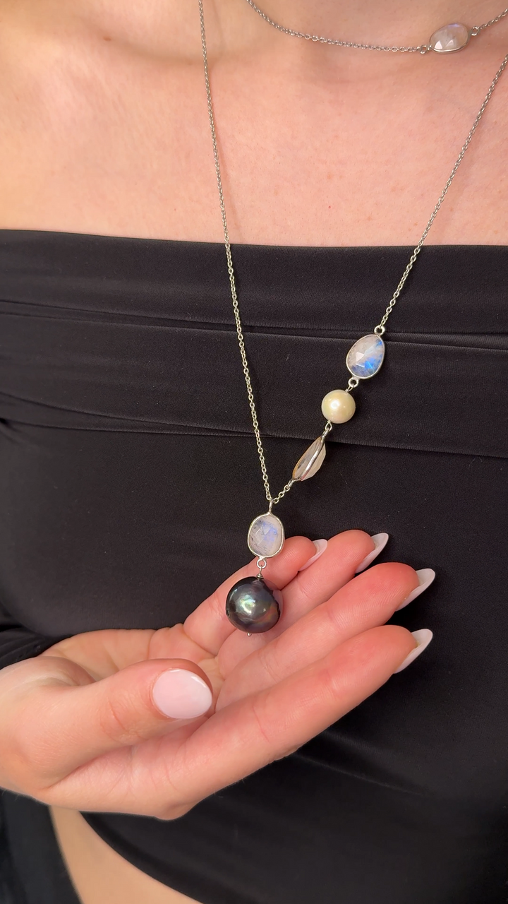 Black Pearl & Moonstone Sterling Silver Necklace