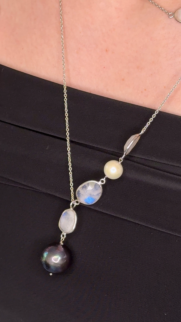 Black Pearl & Moonstone Sterling Silver Necklace
