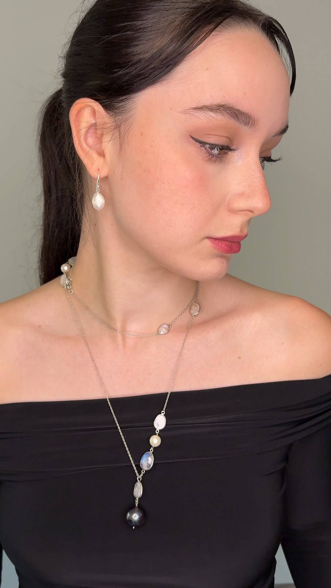 Black Pearl & Moonstone Sterling Silver Necklace