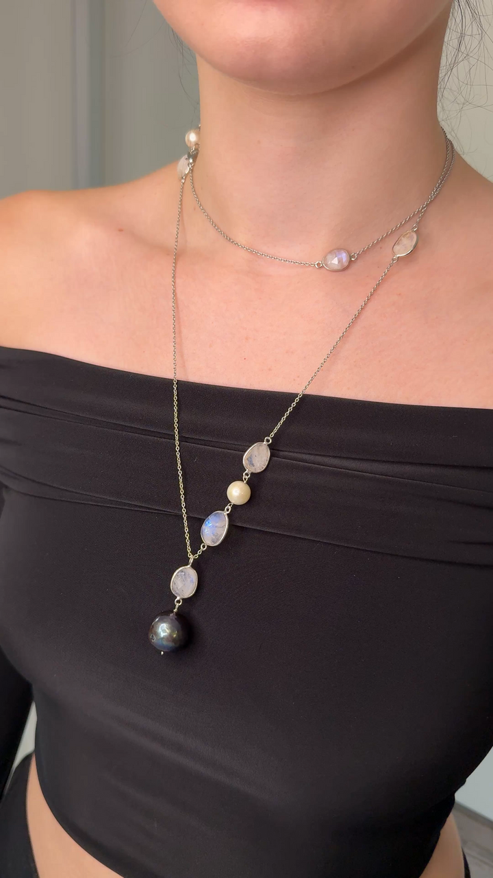Black Pearl & Moonstone Sterling Silver Necklace