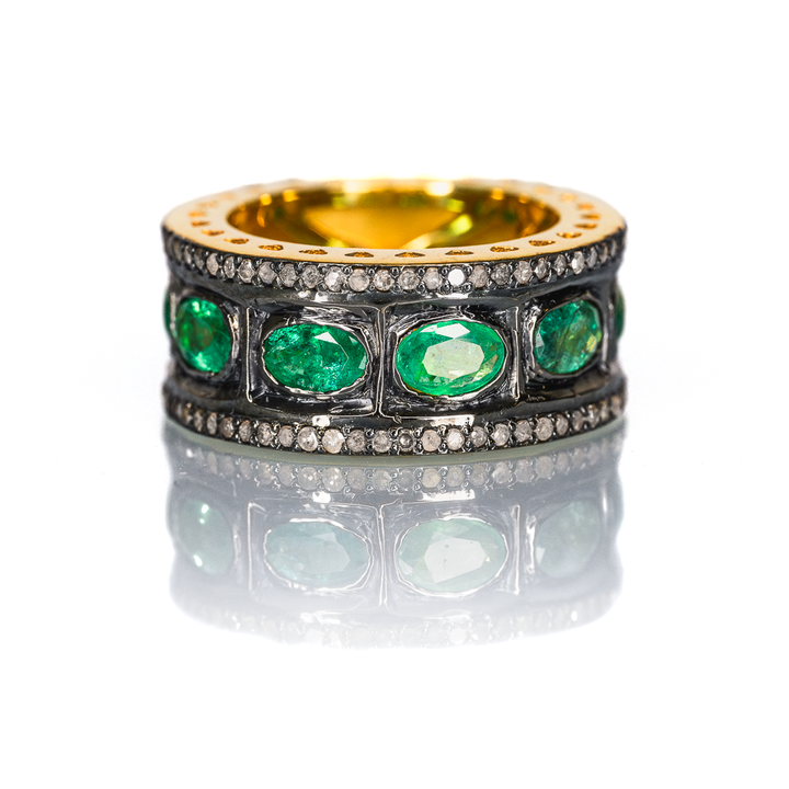 All-Emerald Chrysler Ring in Sterling Silver, Black Rhodium & 18ct Gold