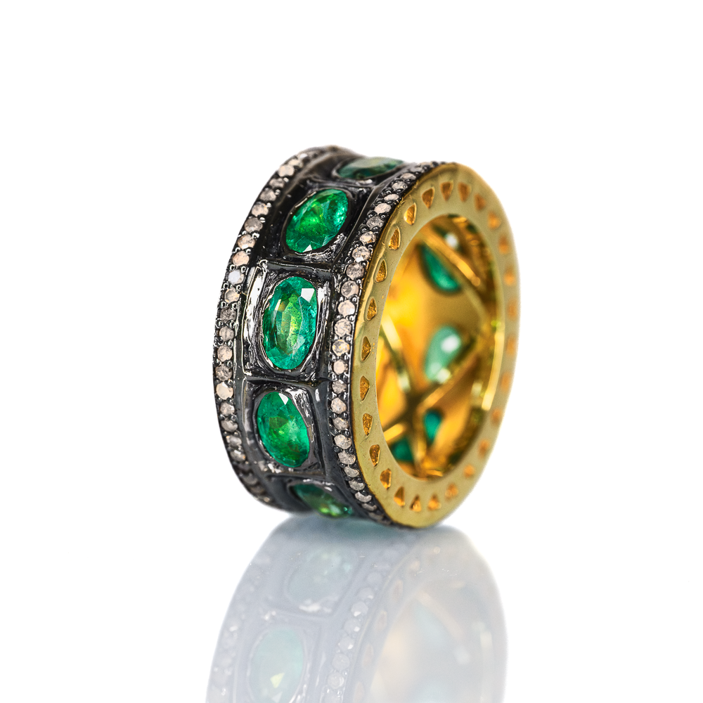 All-Emerald Chrysler Ring in Sterling Silver, Black Rhodium & 18ct Gold