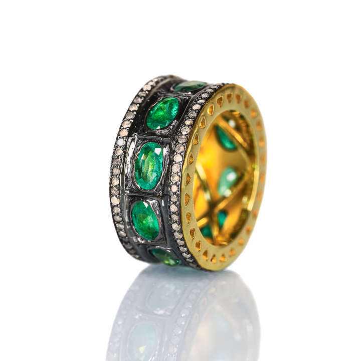 All-Emerald Chrysler Ring in Sterling Silver, Black Rhodium & 18ct Gold