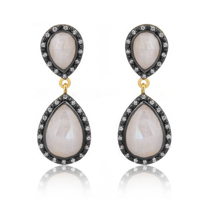 Rainbow Moonstone & Black Rhodium Sterling Silver Drop Earrings
